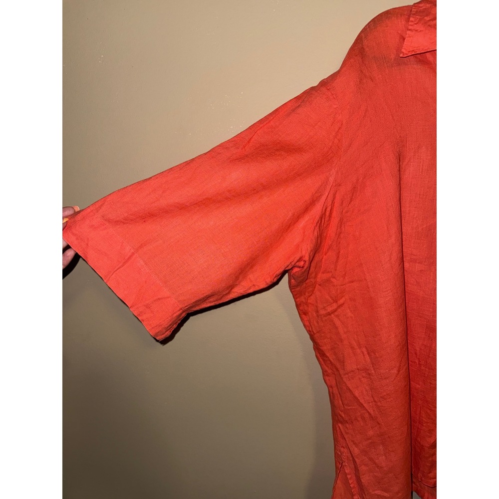 Women 100% Linen Button Down Top Coral Orange 3/4 Sleeve Plus 26/28 Minimalist - Picture 2 of 5